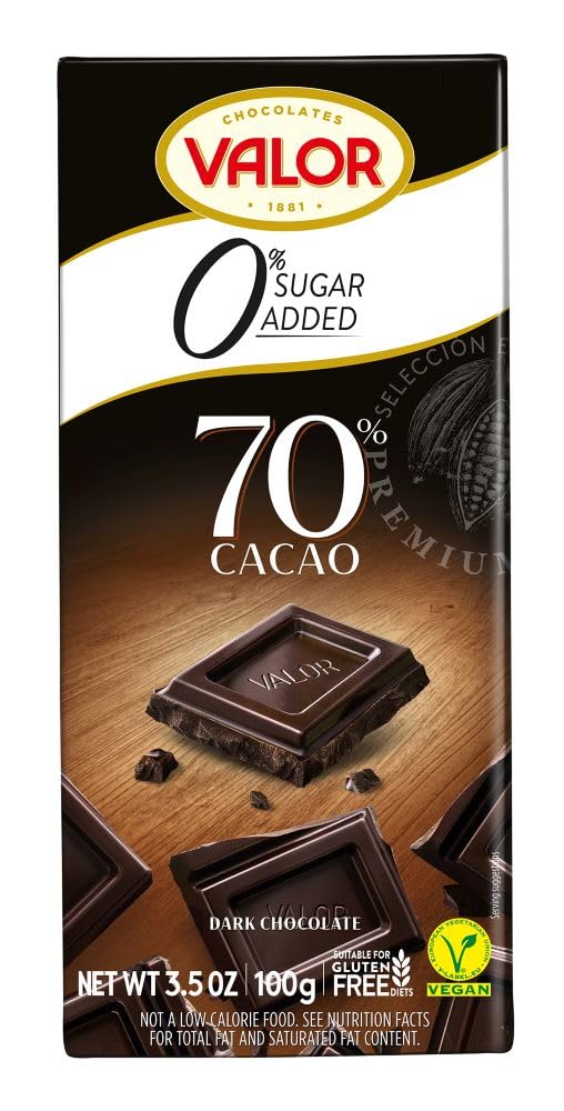 Valor 70% Dark Chocolate Bar - Sugar Free, No Sugar Added, 100g (3.53oz) - Pack of 17 - Keto Friendly, Low Carb Snack for Weight Loss, Healthy Dessert for Office, Travel & Gifts