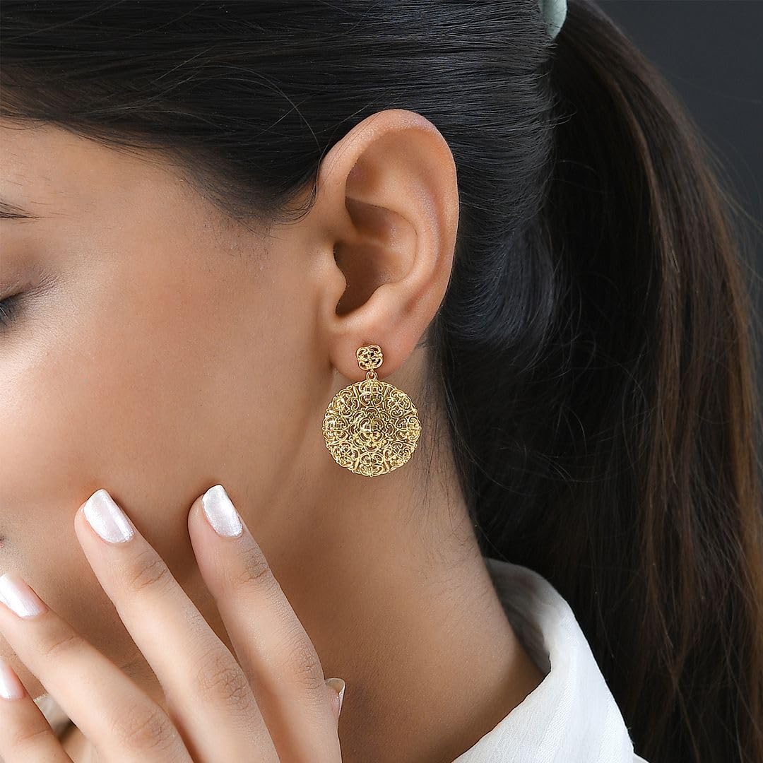 **14K Gold Plated Filigree Drop Hoop Earrings for Women - Elegant Openwork Disc Circle Boho Jewelry - Perfect for Summer, Beach, Parties & Birthday Gifts**    *(Note: Removed duplicate 