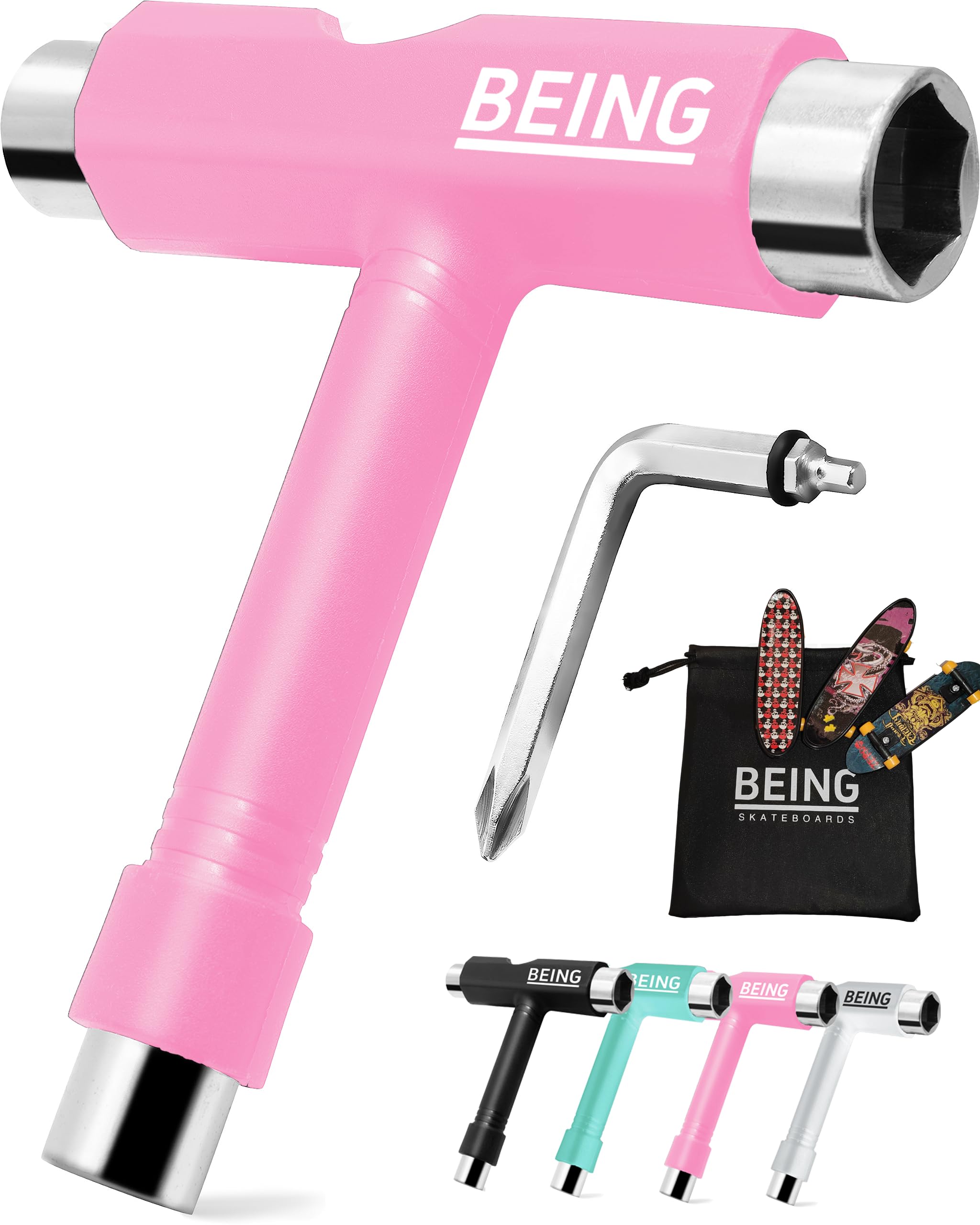 BEING All-in-One Skateboard Tool Kit - Multi-Function T Tool for Skateboards & Roller Skates | Durable Hardware Tools & Accessories | Perfect for Skate Maintenance & DIY Repairs (Pink)
