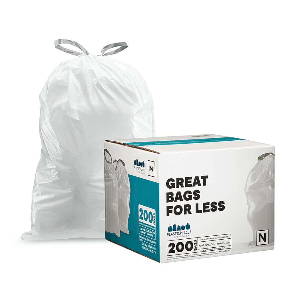 Plasticplace Custom Fit Trash Bags for Simplehuman Code N - 200 Count White Drawstring Garbage Liners (12-13 Gallon / 45-50L, 22.5