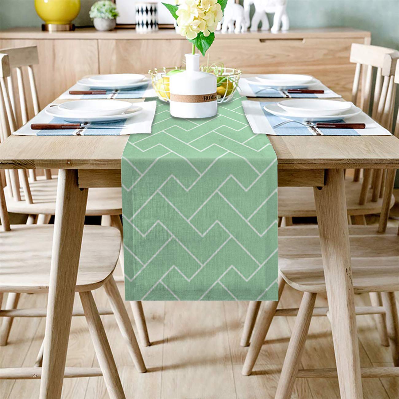 72-inch Mint Green Cotton Linen Table Runner - Farmhouse Burlap Tablecloth for Dining Room, Holiday Party & Wedding Decor - Geometric Design Machine Washable - Perfect for Rustic Events, Home Decor & Seasonal Celebrations