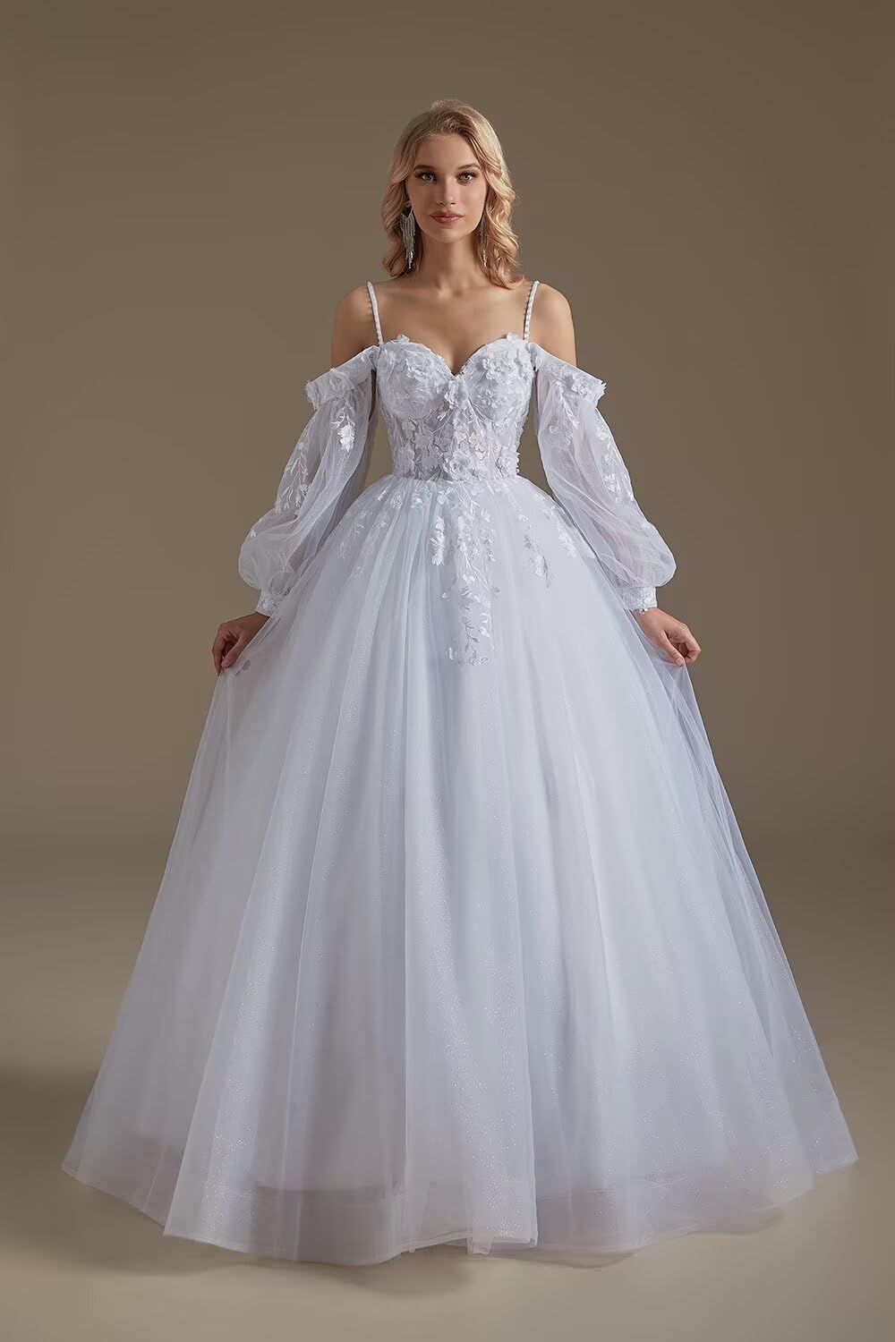 SoDigne 2025 Lace Applique Long Sleeve Tulle Wedding Dress for Bride | Elegant Summer Bridal Gown for Women | Perfect for Beach, Garden & Church Ceremonies