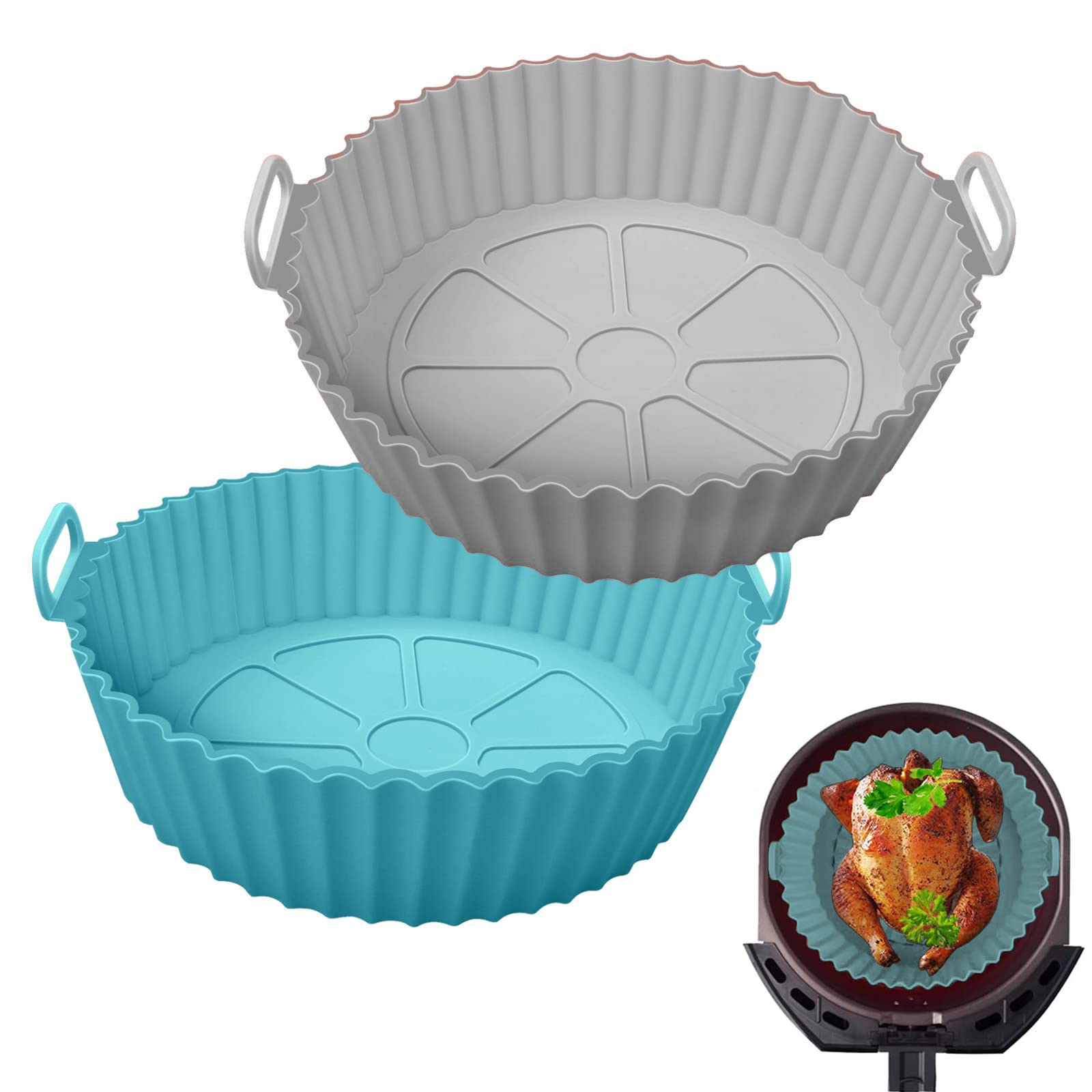 Non-Stick Air Fryer Silicone Liners 2 Pack - Reusable 7.8 Inch Silicone Basket Liners for Ninja, COSORI, Tower & 3.6-6.8QT Air Fryers (Blue + Gray) - Perfect for Healthy Cooking, French Fries, Chicken Wings & Vegetables