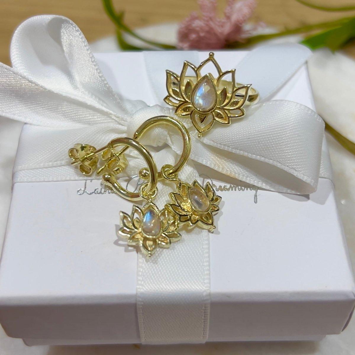 Laihas Opulent Lotus Flower Gold Moonstone Hoop Earrings for Women - Elegant Boho Jewelry for Party, Wedding & Everyday Wear