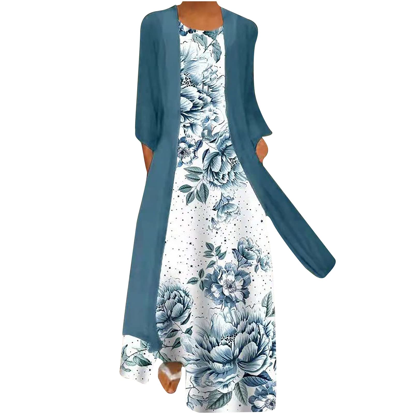 Elegant Floral Chiffon Maxi Dress for Women - Plus Size Two-Piece Set with Long Sleeves | Perfect for Fall Weddings, Guest Outfits & Casual Wear