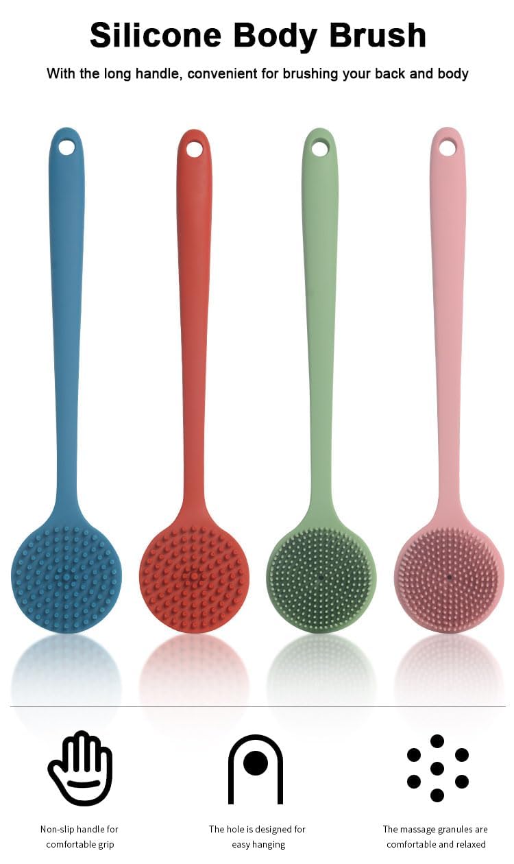 Double-Sided Silicone Back Scrubber with Long Handle - Exfoliating Body Brush for Shower & Bath Massage - Skin Care & Deep Cleansing - Perfect for Exfoliation & Relaxation (Blue, 1 Pack)