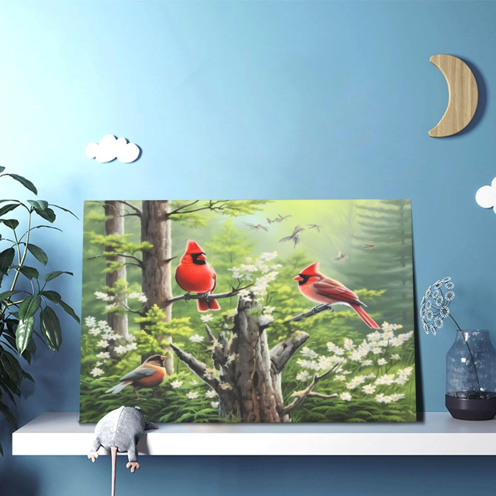 Spring Birds & Sunflowers Canvas Wall Art - Framed Print 12x18 Inches, Ready to Hang - Home Decor for Living Room, Bedroom & Office