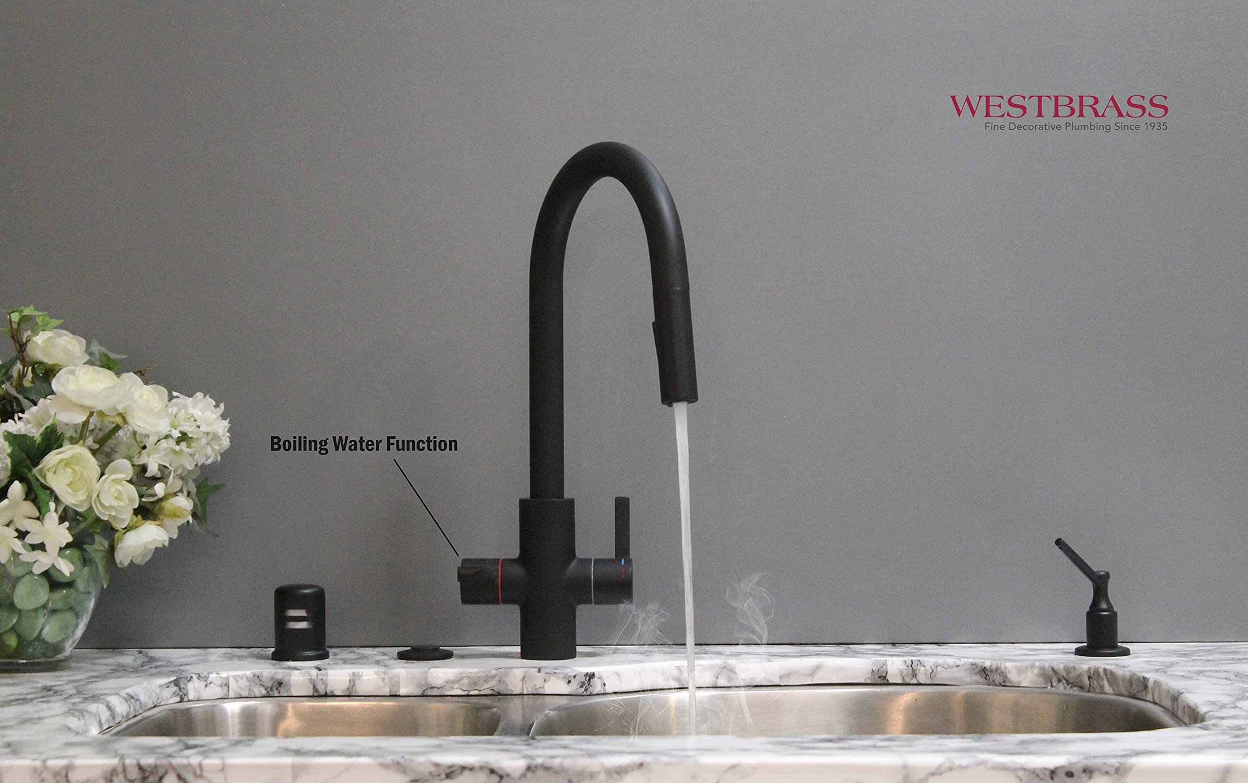 Westbrass KH41AK-62 4-in-1 Kitchen Faucet with Pull-Out Spray Head, Instant Hot Water Tank & Dual Water Filters - Matte Black | Perfect for Modern Kitchens, Water Purification & Convenient Cooking Tasks