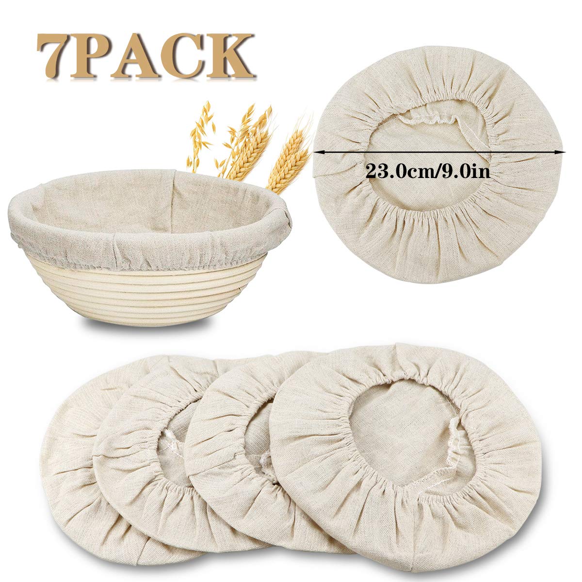 7-Pack 9 Inch Round Banneton Bread Proofing Baskets with Natural Rattan Liners - Professional Sourdough Dough Rising Baskets for Home Bakers & Artisan Bread Making | Perfect for Sourdough, Artisan Loaves, and Homemade Bread Baking