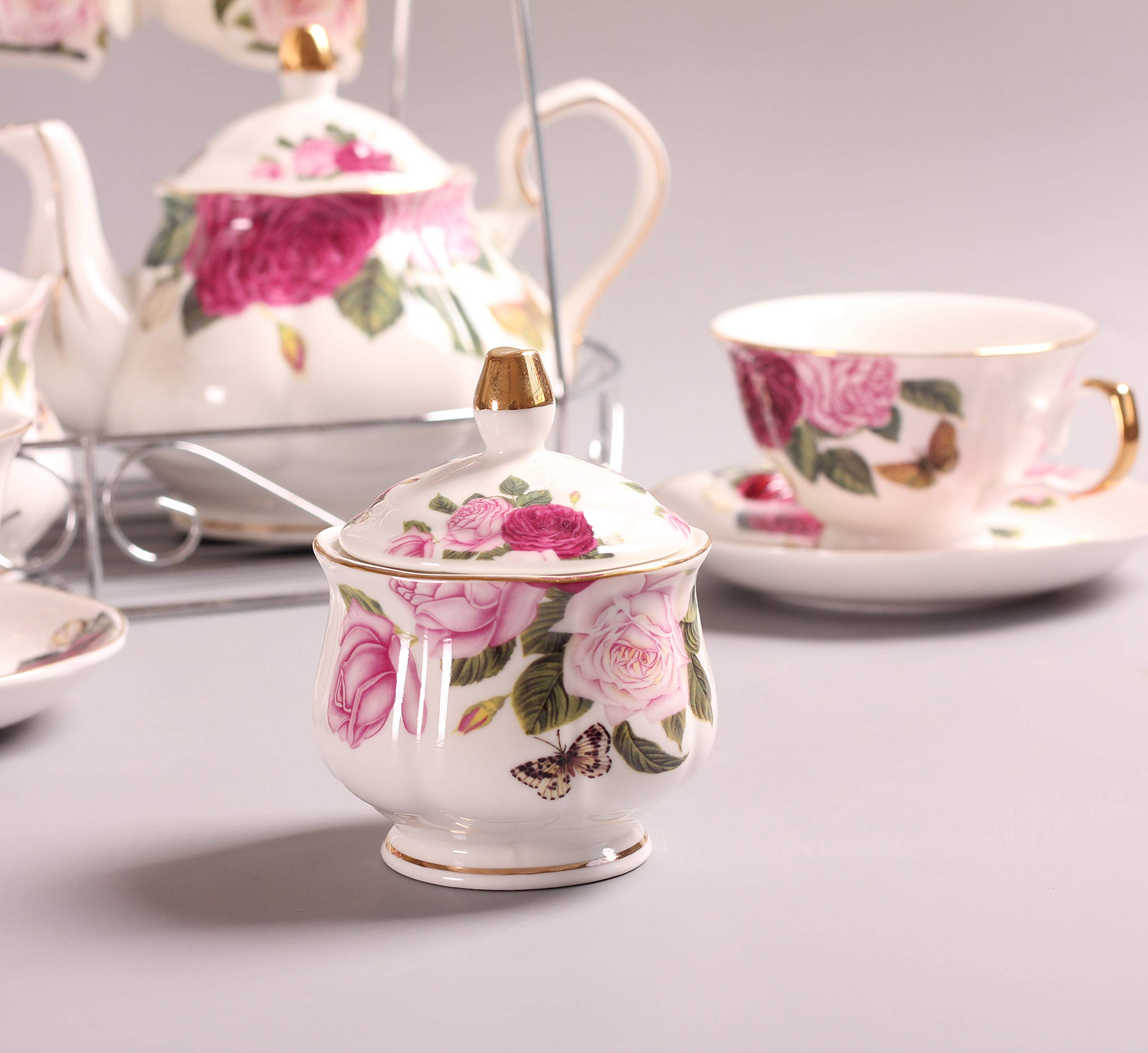 Elegant Bone China Butterfly & Floral Printed Porcelain Tea Set with Lid & Saucer - 15-Piece Coffee & Tea Cup Set for Afternoon Tea, Bridal Shower, and Luxury Home Decor