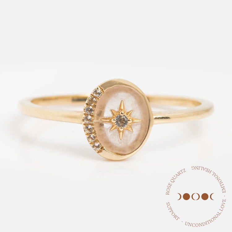 Solid Gold Crystal Crescent Moon Ring for Manifestation & Spiritual Healing - Perfect for Meditation, Yoga, and Gift Giving