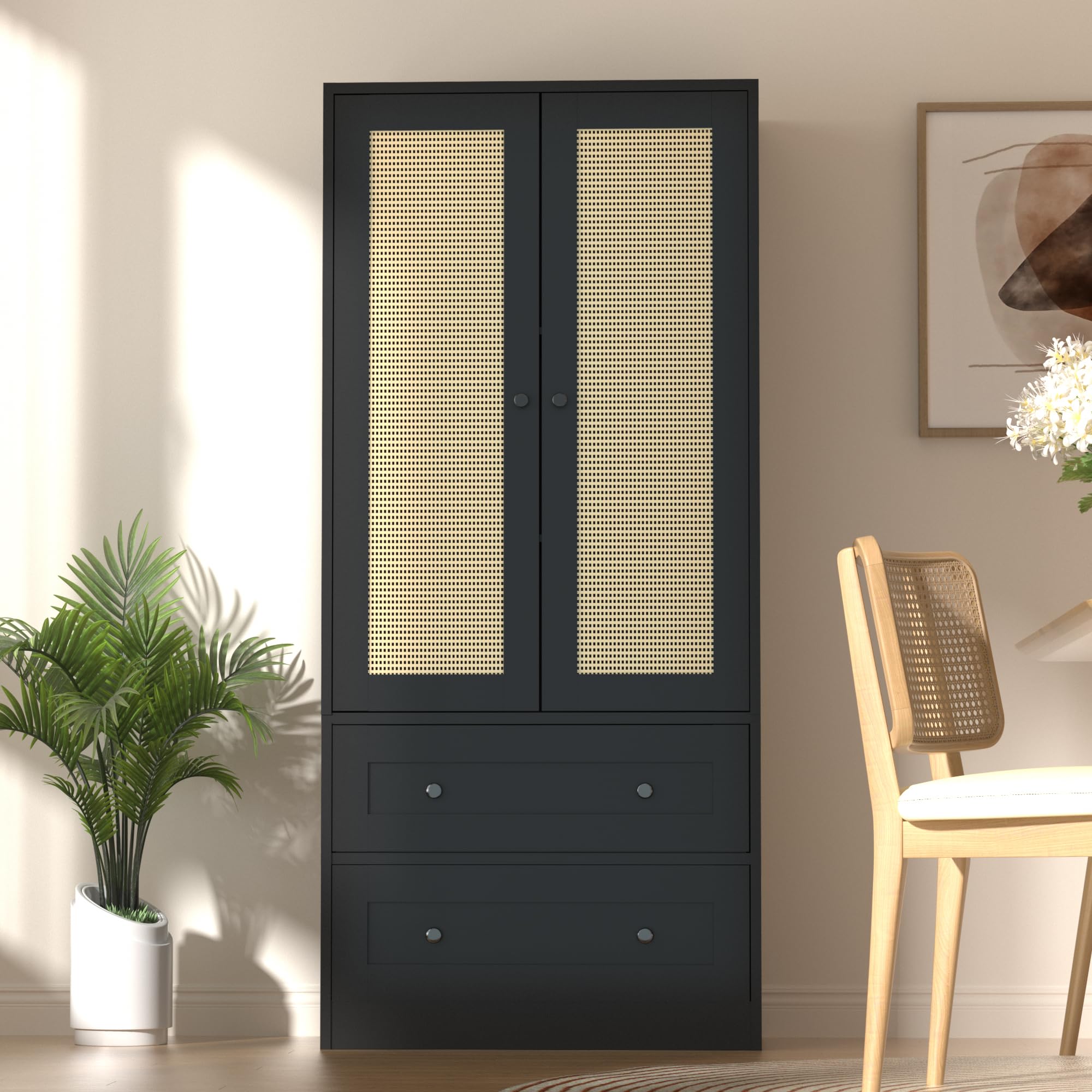 Rattan Black Kitchen Pantry Cabinet - 64.2