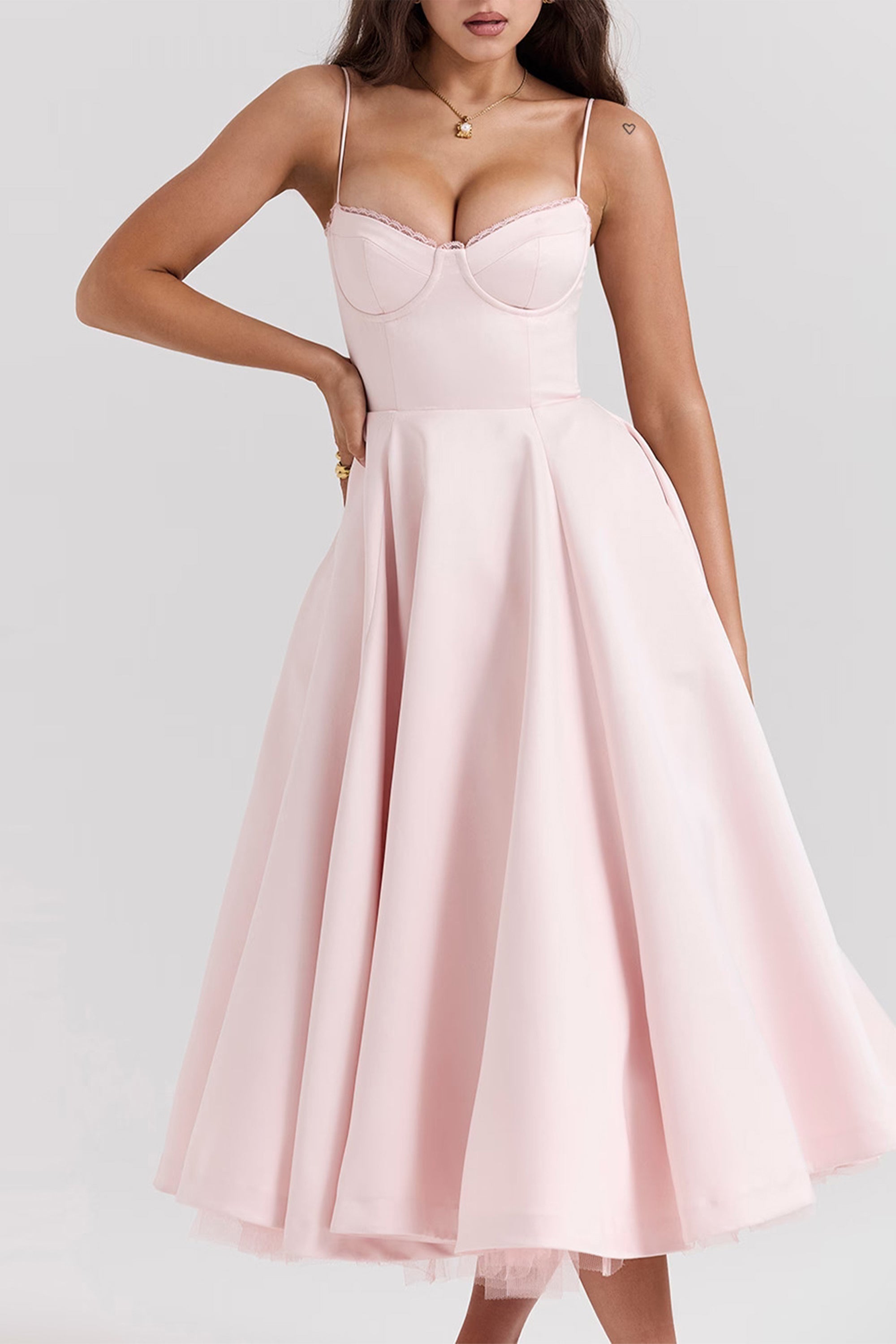 Analissa Pink Mesh Midi Dress - Elegant Flowy Party Dress for Women, Perfect for Weddings, Cocktails & Evening Events