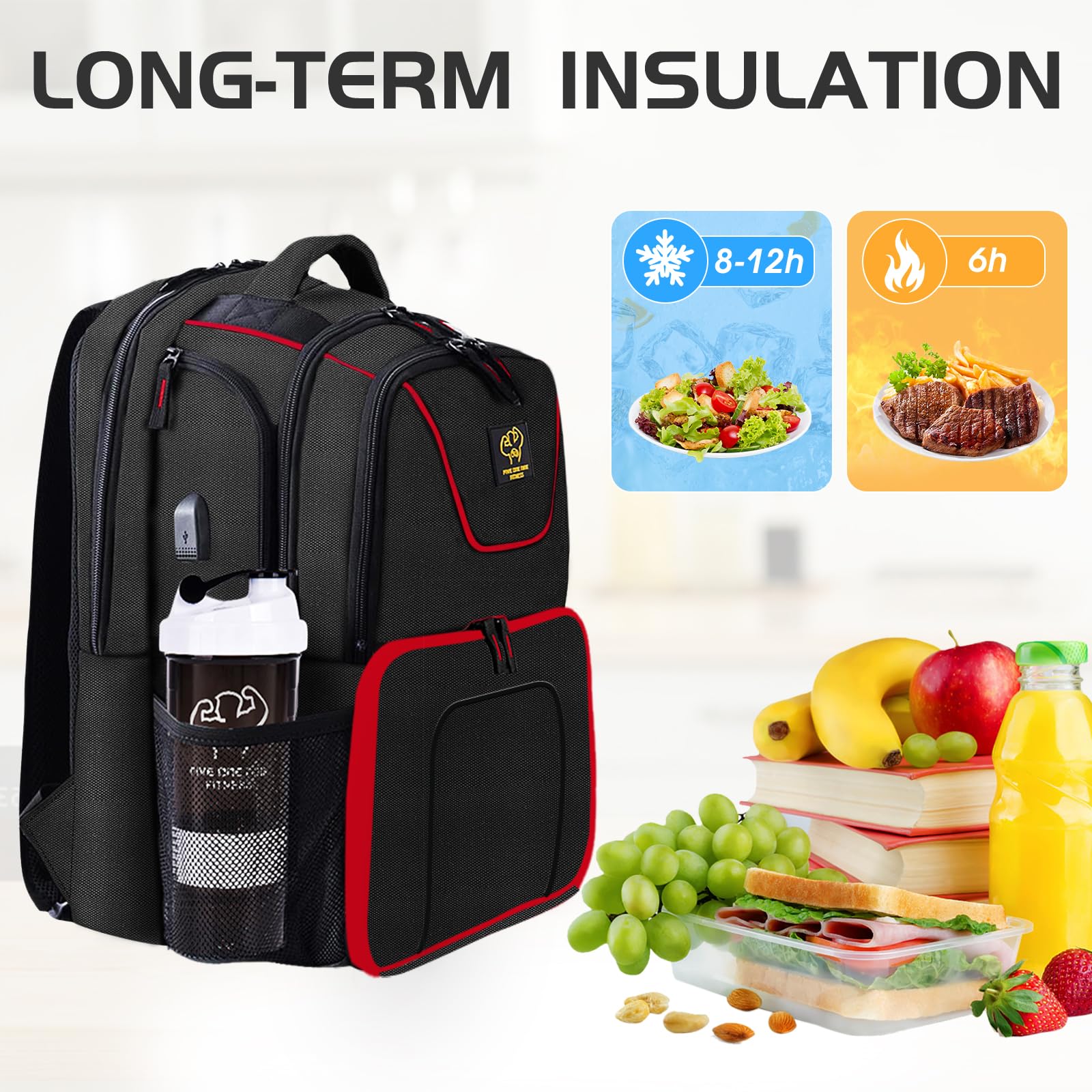 **519 Fitness Meal Prep Backpack - Insulated Cooler Lunch Bag with Laptop Compartment, Hiking & Picnic Backpack for Men & Women, Includes 3 Meal Containers, 2 Ice Packs & Protein Shaker - Perfect for Gym, Work, Travel & Outdoor Adventures**