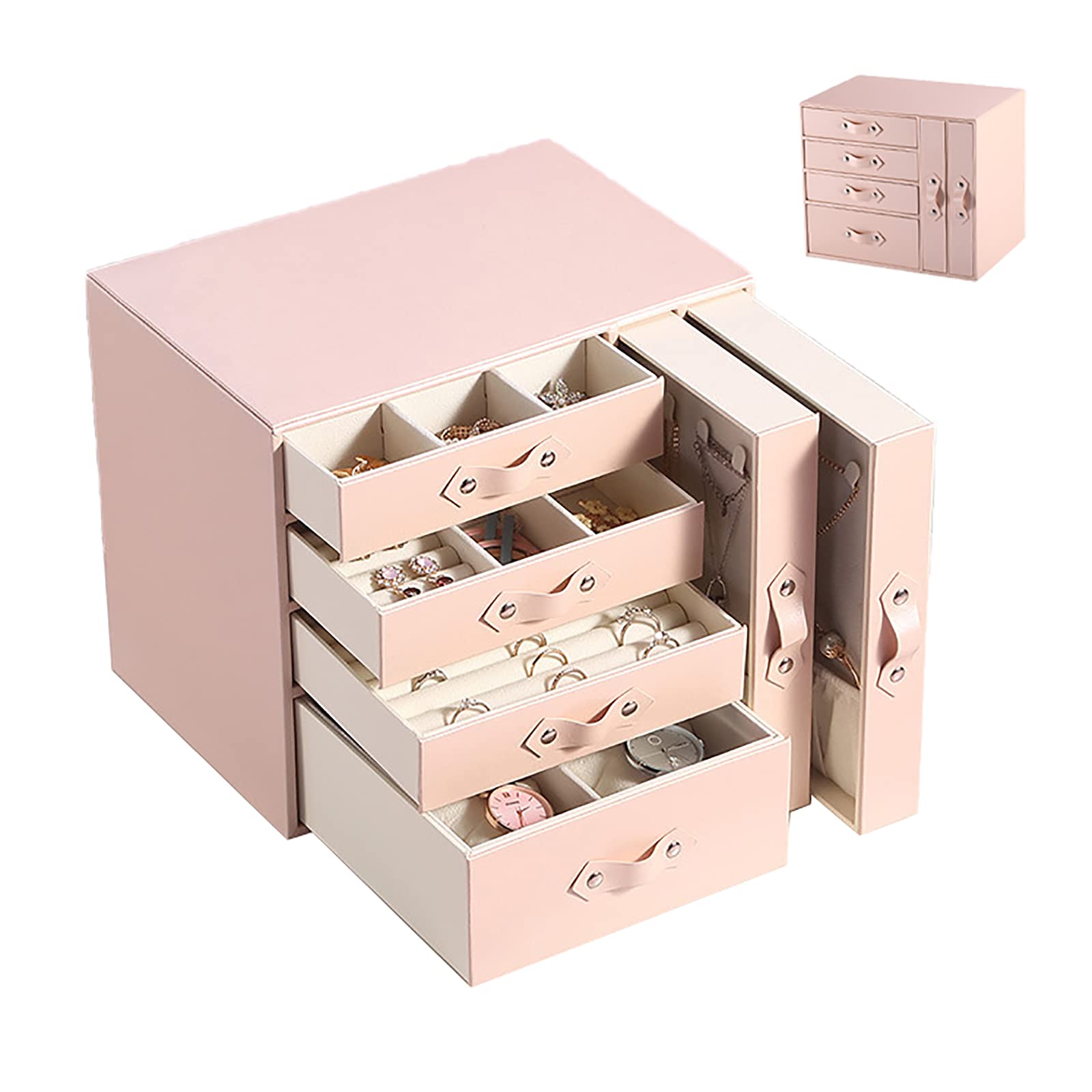 Large Jewelry Organizer Box for Women - Travel Jewelry Case with Watch, Necklace, Ring & Earring Storage - Pink Jewelry Gift Box for Travel, Home & Office Use