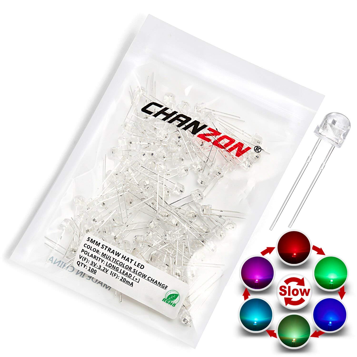 CHANZON 100pcs 5mm RGB Multicolor Slow Blinking LED Straw Hat Diodes - Clear Transparent Lens for DIY Electronics, Circuit Boards, Holiday Decorations, and Ambient Lighting Projects