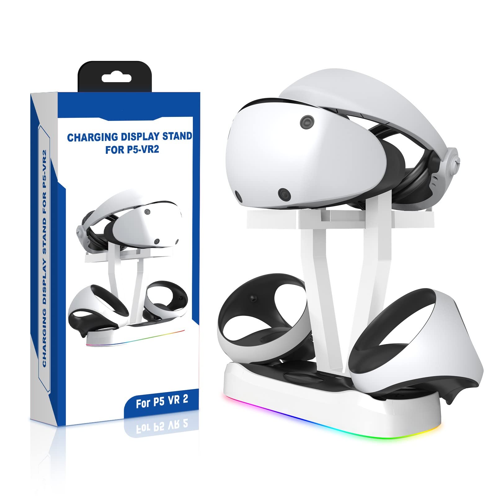 EMEBAY RGB Light Charging Station & Stand for PS VR2 - Dual Controller & Headset Charger with LED Indicators - Compatible with Play*Station PS VR2 - Perfect for Gaming Setup & VR Accessories Organization