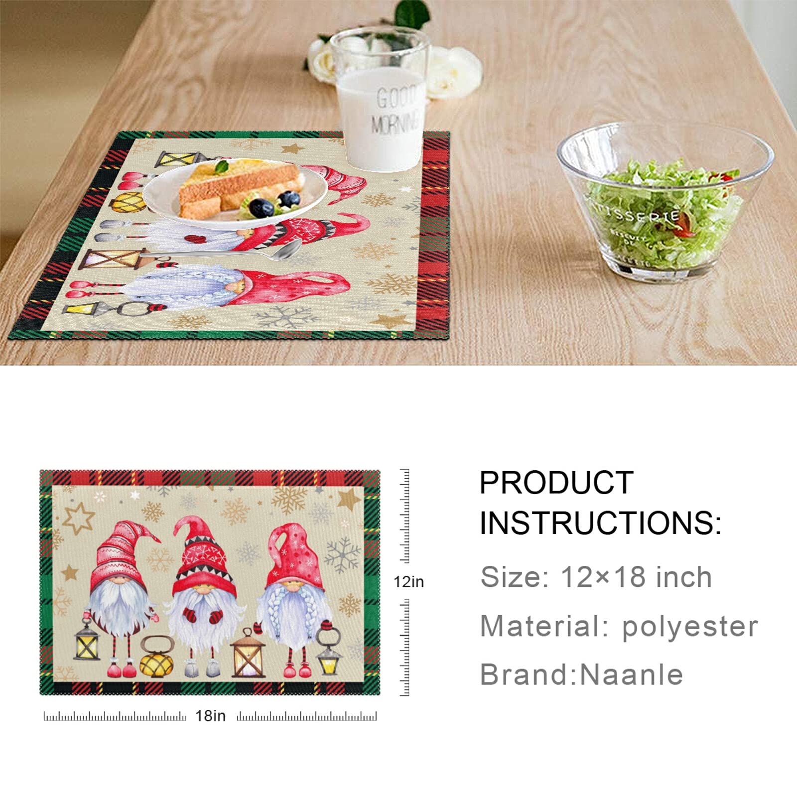 Christmas Gnomes Placemats Set of 4 - Non-Slip Heat-Resistant Washable Holiday Table Mats - 12