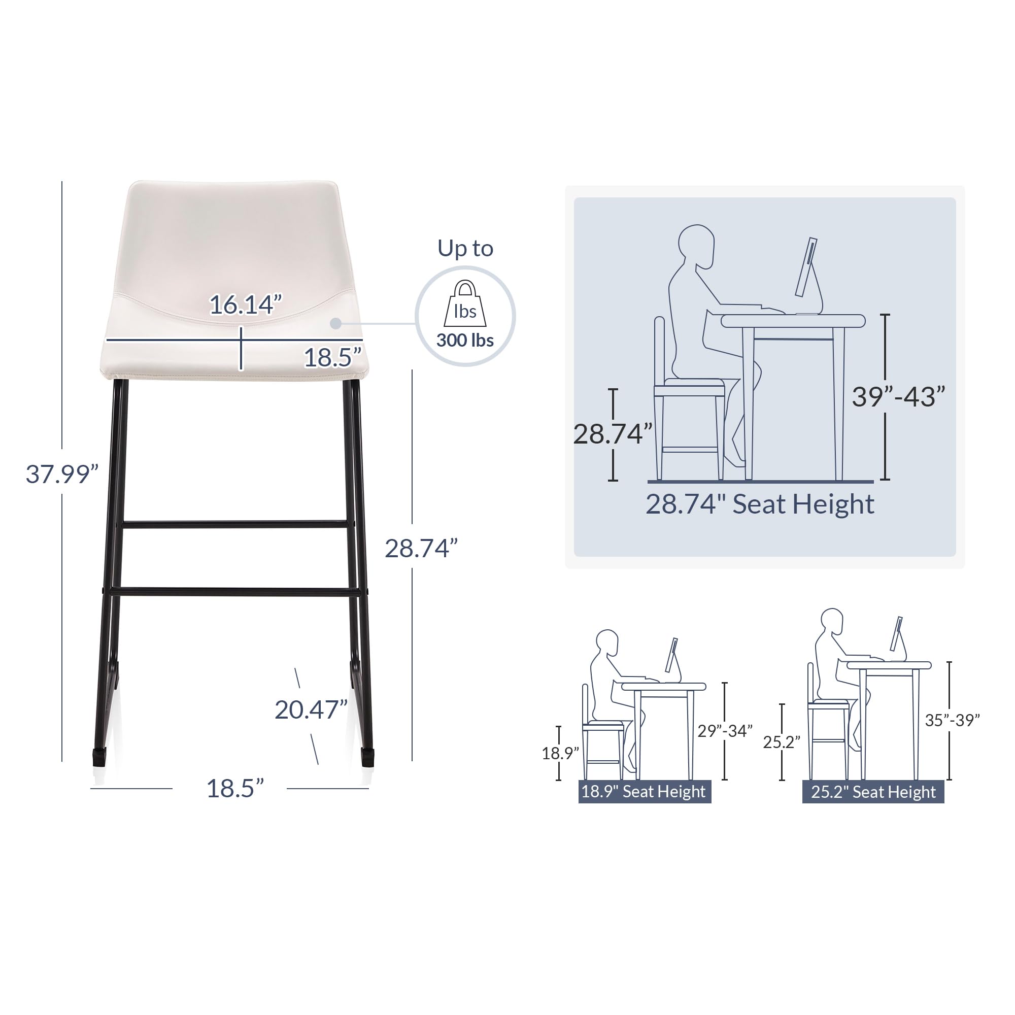 BELLEZE Set of 2 Modern Faux Leather Bar Stools - Upholstered Counter Height Kitchen Island Stools with Molded Low Back, White (Zariah) - Perfect for Home Bar, Breakfast Nook & Small Space Dining