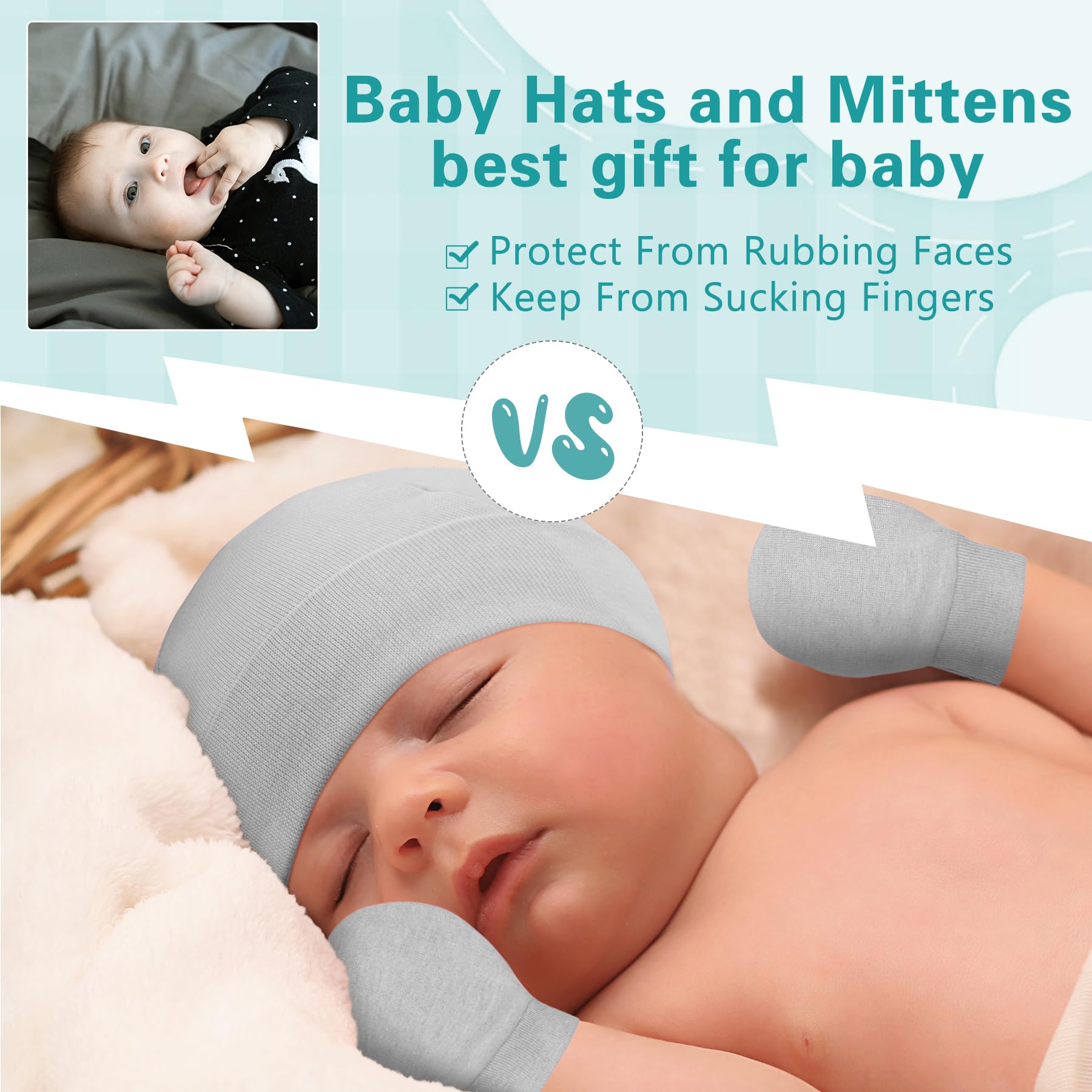 Zando Baby Hats and Mittens Set - Unisex Newborn Beanie Caps with Scratch Mittens for Infant Boys & Girls - Perfect for Hospital, Photography & Winter Outings