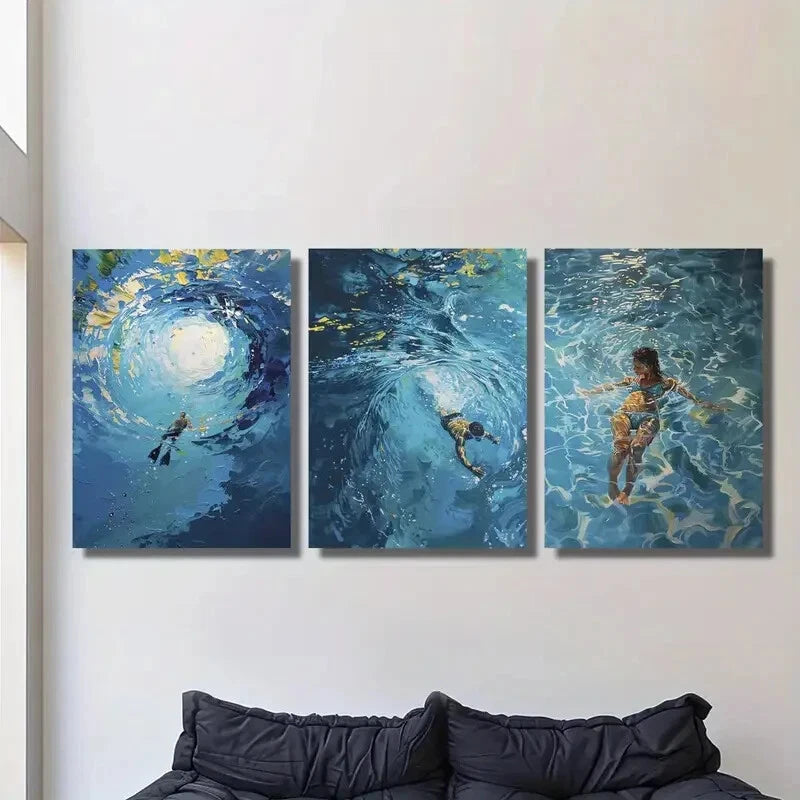 3-Piece Metal Print Wall Art - Ocean & Swimming Themed Ready-to-Hang Decor for Men & Women - Perfect for Beach House, Bathroom, or Poolside Decor