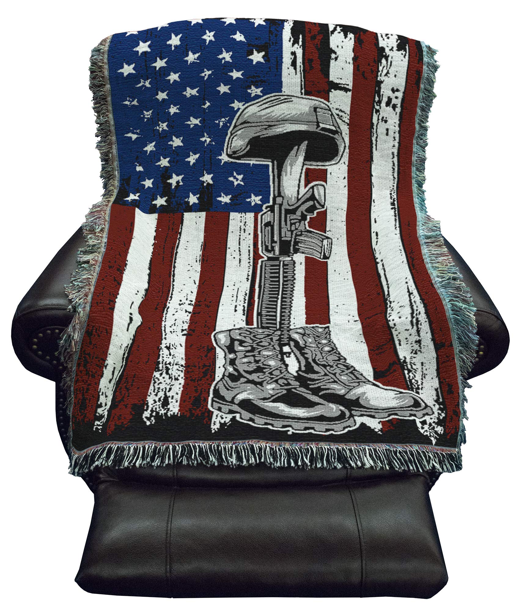 American Flag Military Tapestry Throw Blanket - Soldier Battlefield Cross Design - 100% Cotton Woven Made in USA (61x36 inches) - Perfect for Couch, Sofa, Bedroom Decor & Patriotic Gift for Veterans