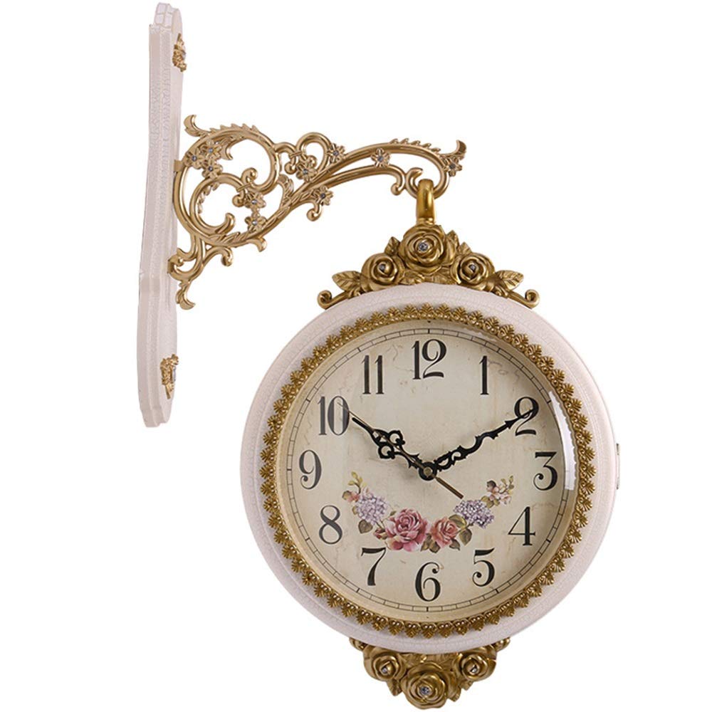 Eummit European Double-Sided Wall Clock - Silent Quartz Clock for Living Room, Bedroom, Office - White Pastoral Decorative Wall Watch for Home & Office Decor
