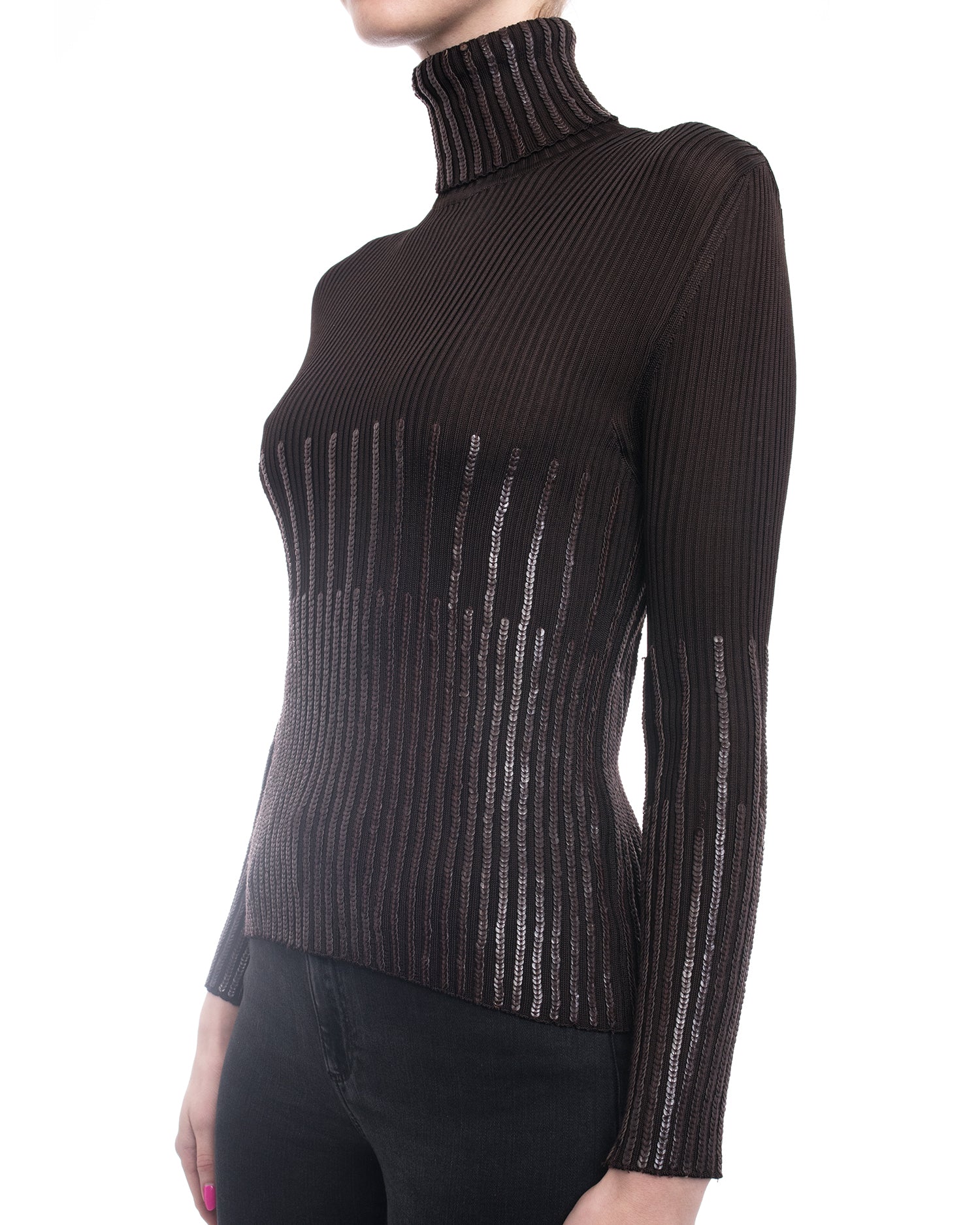 Christian Dior Brown Ribbed Turtleneck Sweater with Leather Sequins - Women's Luxury Knitwear for Fall & Winter, Perfect for Office Wear and Evening Events