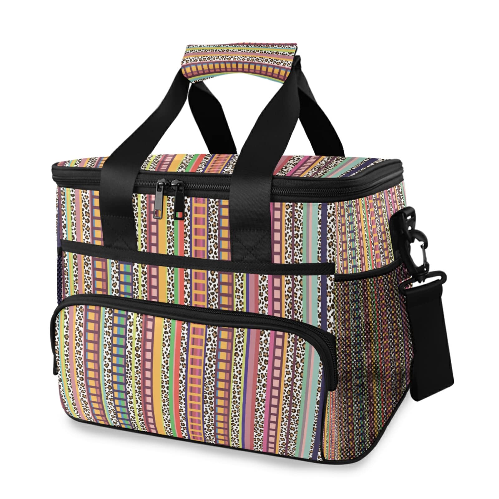 Mexican Serape Blanket Stripes & Leopard Print Insulated Lunch Bag for Women - Large Leakproof Cooler Tote for Work, Office, Travel, Outdoor Picnics & Beach Days