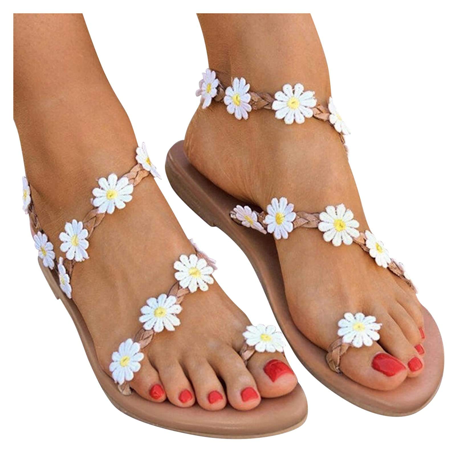Women's Daisy Flower Strap Flat Sandals - Summer Casual Toe Ring Beach Sandals for Dressy Occasions | Perfect for Vacations, Weddings, and Outdoor Events