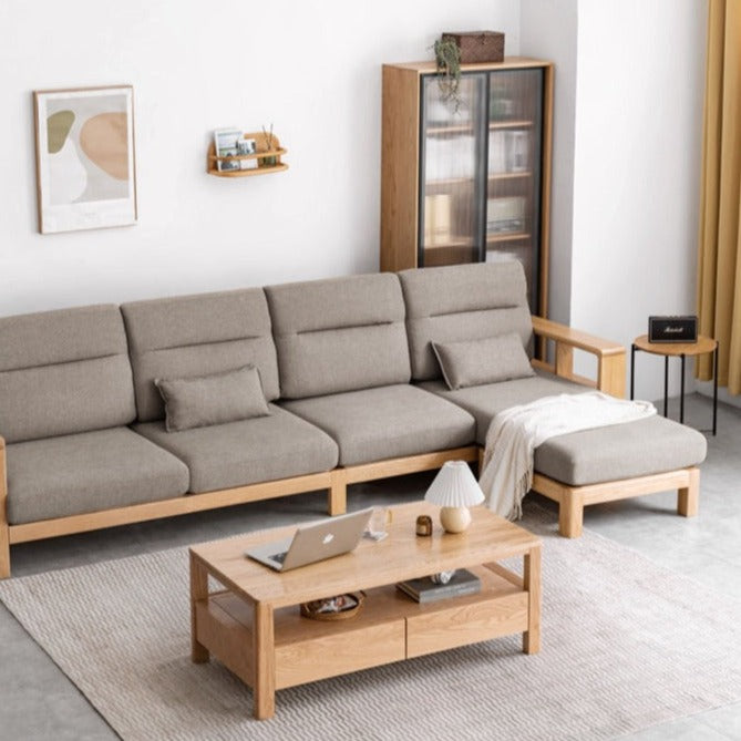 Premium Oak Solid Wood Sectional Sofa Set - Modern L-Shaped Couch with Storage for Living Room, Lounge & Family Room - Durable Hardwood Furniture for Home Decor