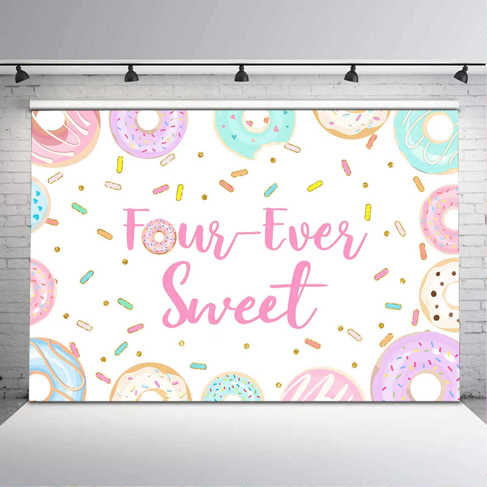 4th Birthday Backdrop - Avezano Four-Ever Sweet Donut Theme Party Decor for Girls (8x6ft) | Perfect for Birthday Photoshoots, Baby Showers & Dessert-Themed Celebrations
