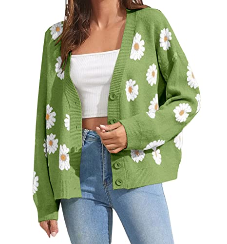 Women's Floral Print Cardigan Sweater - Long Sleeve Open Front Button Down V-Neck Knit Top for Spring/Summer/Fall - Perfect for Office, Date Night & Casual Outfits