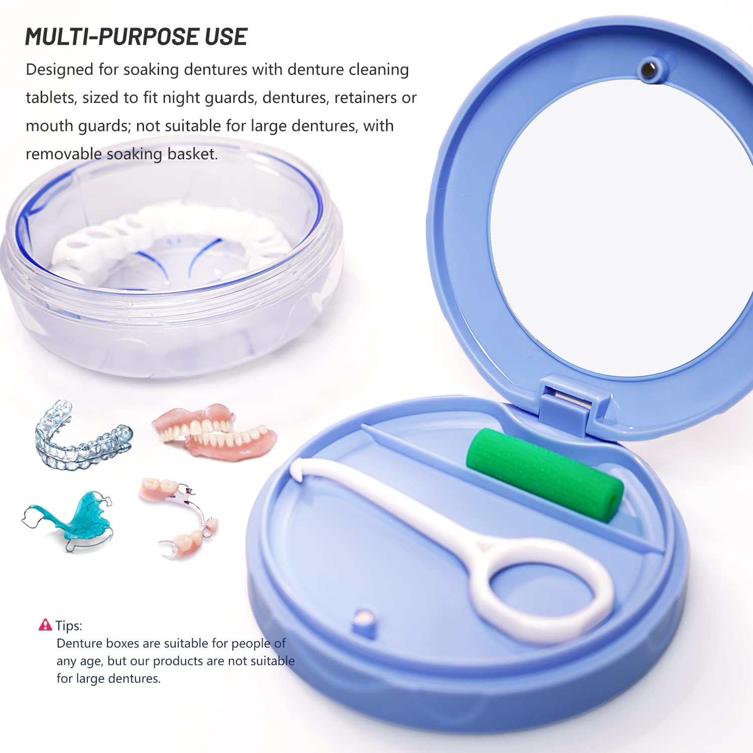 Leak Proof Dental Retainer Case - Denture Cleaning Storage Box with Mirror | Travel-Friendly Denture Soaking Cup & Mouth Guard Holder | Perfect for Nightly Soaking, Travel Protection & Daily Denture Care (Blue)