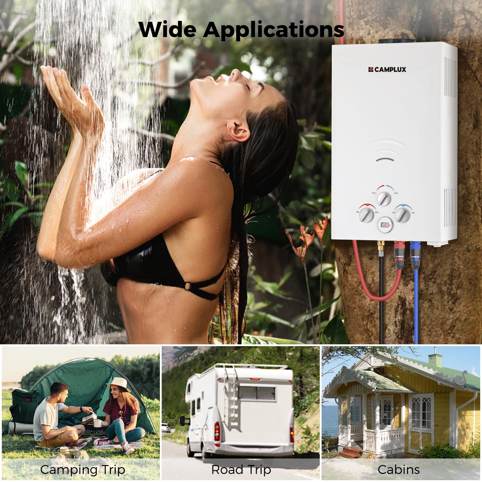 Camplux 2.64GPM Propane Tankless Water Heater with 3.3GPM Pump - 68,000 BTU Portable Hot Water System for Camping, RV, Off-Grid Cabins & Outdoor Showers | Includes Pipe Strainer for Clean Water Supply