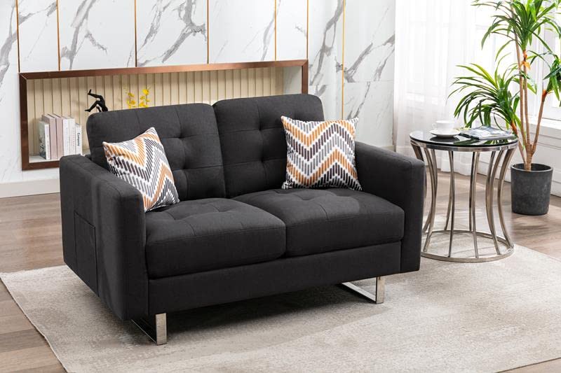 Lilola Home Victoria Dark Gray Linen Fabric Loveseat with Metal Legs, Side Pockets & Throw Pillows - Modern Small Space Sofa for Living Room, Apartment, Dorm or Office