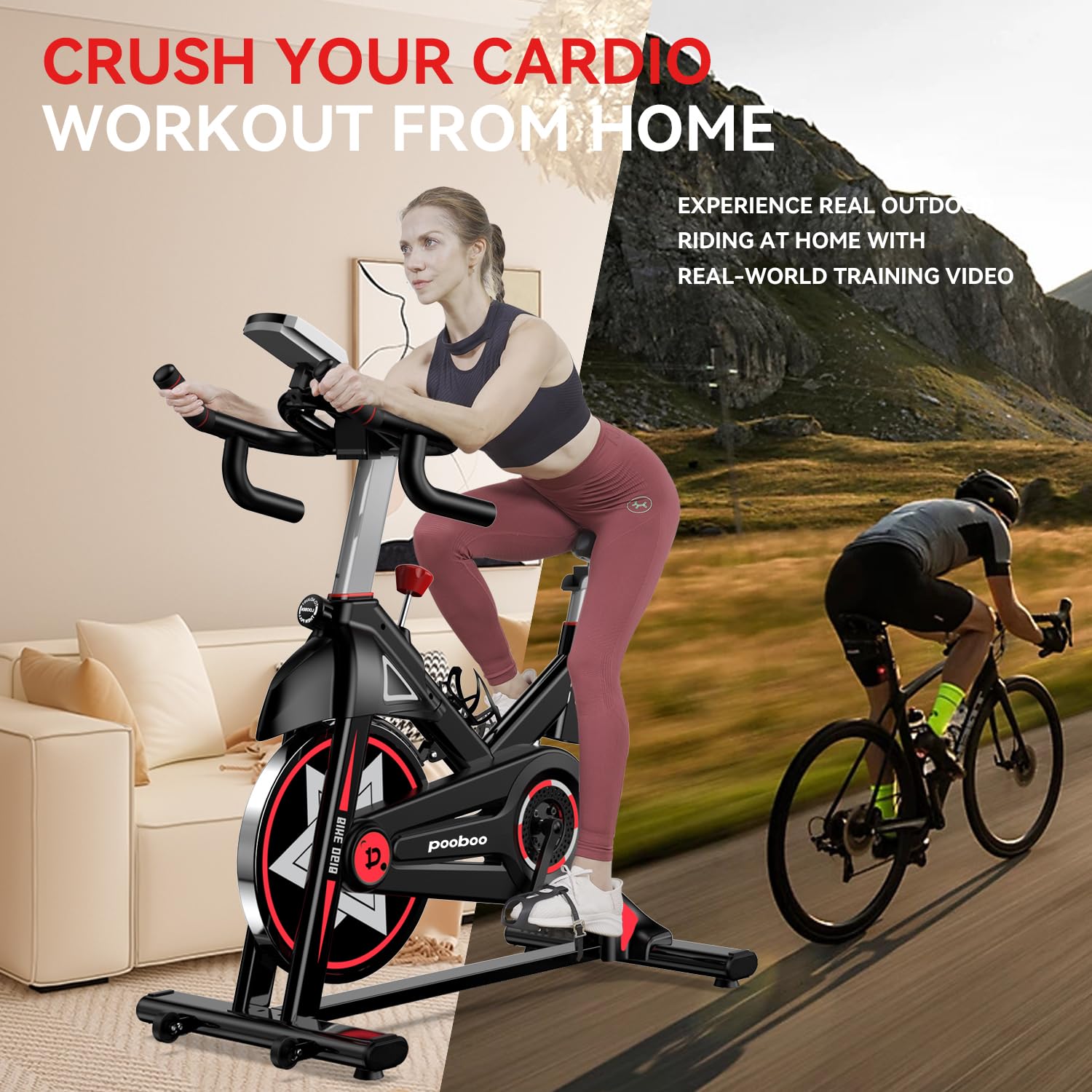 POOBOO Exercise Bike - Silent Belt Drive Indoor Cycling Bike for Home Gym with Comfortable Seat Cushion & Tablet Holder | Perfect for Cardio Workouts, Home Fitness & Apartment Use