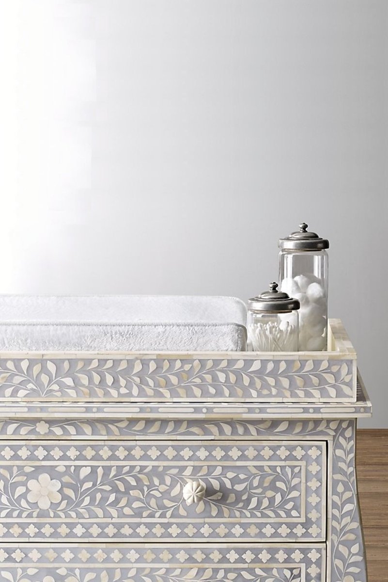 Handmade Bone Inlay French Colonial Style Baby Changing Dresser with Topper - Light Grey Nursery Dresser for Infant Room Decor & Diaper Changing Station