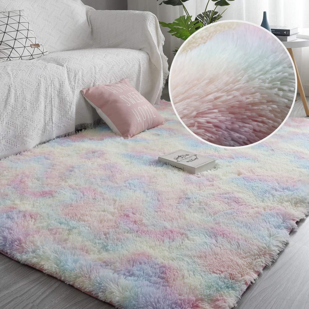 Soft Shaggy Rainbow Colorful Area Rug - Fluffy Rectangle Bedroom & Living Room Carpet for Sofa & Bedside - 80x160 cm - Perfect for Cozy Home Decor & Kids Play Area