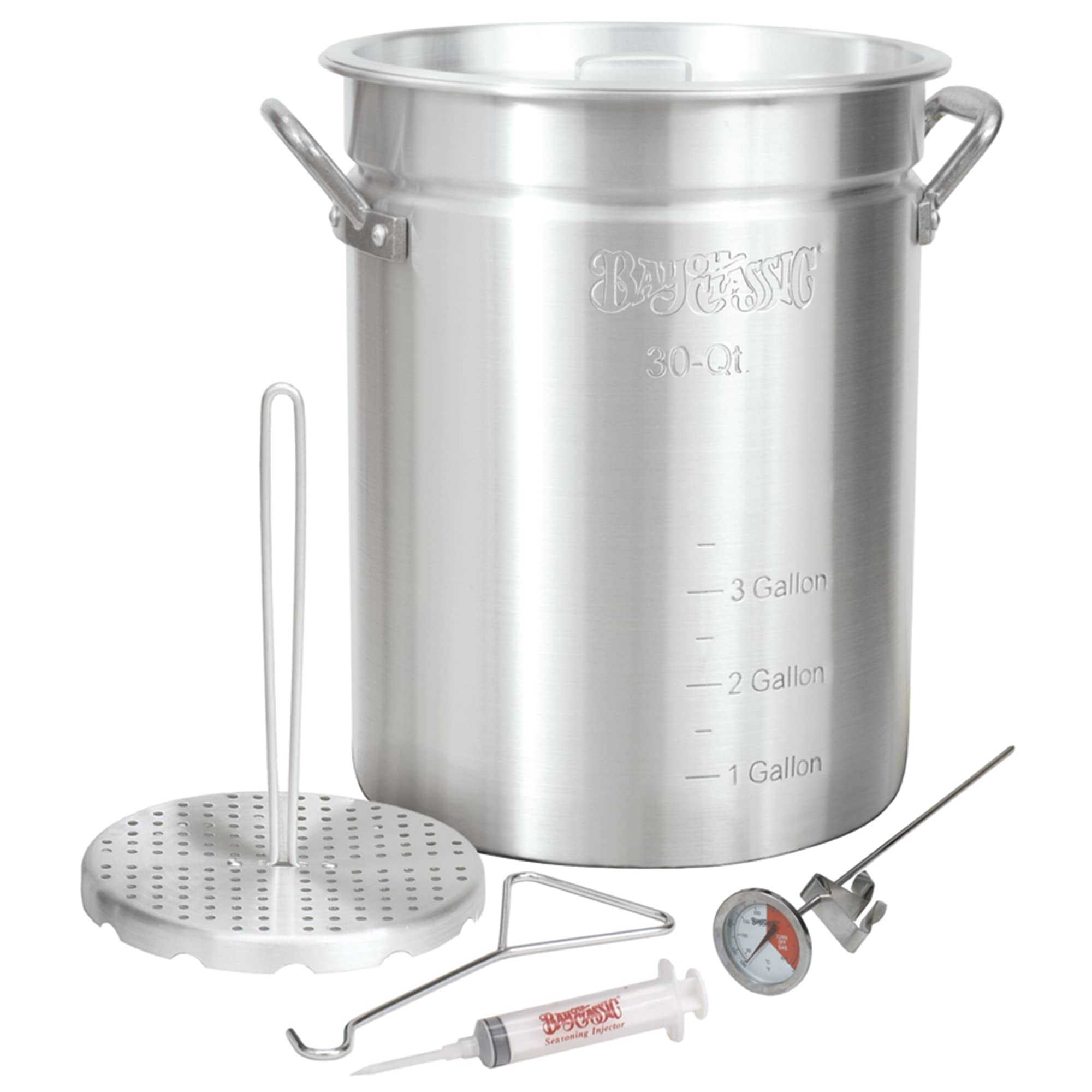 Bayou Classic 3025 30-Quart Aluminum Turkey Fryer Set with Pot, Poultry Rack, Hook & Thermometer - Perfect for Thanksgiving, Holiday Cooking & Outdoor Deep Frying