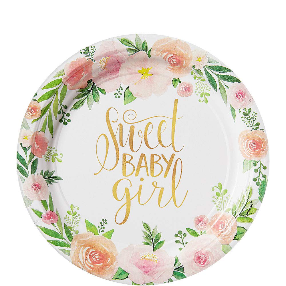 Pink Floral Baby Shower Party Supplies Bundle - Sweet Girl Dessert Size Decorations with Bonus Printed Ribbon for Newborn Celebration, Gender Reveal & First Birthday Party