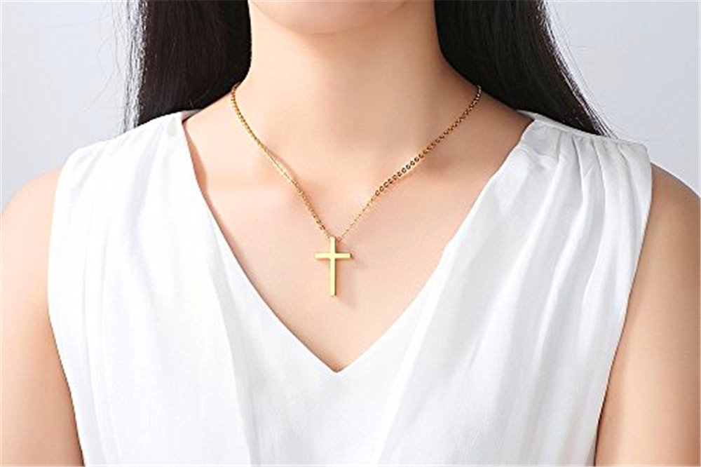 Stainless Steel Yellow Gold Cross Pendant Necklace for Women - Elegant Religious Jewelry Gift for Baptism, Confirmation & Everyday Wear