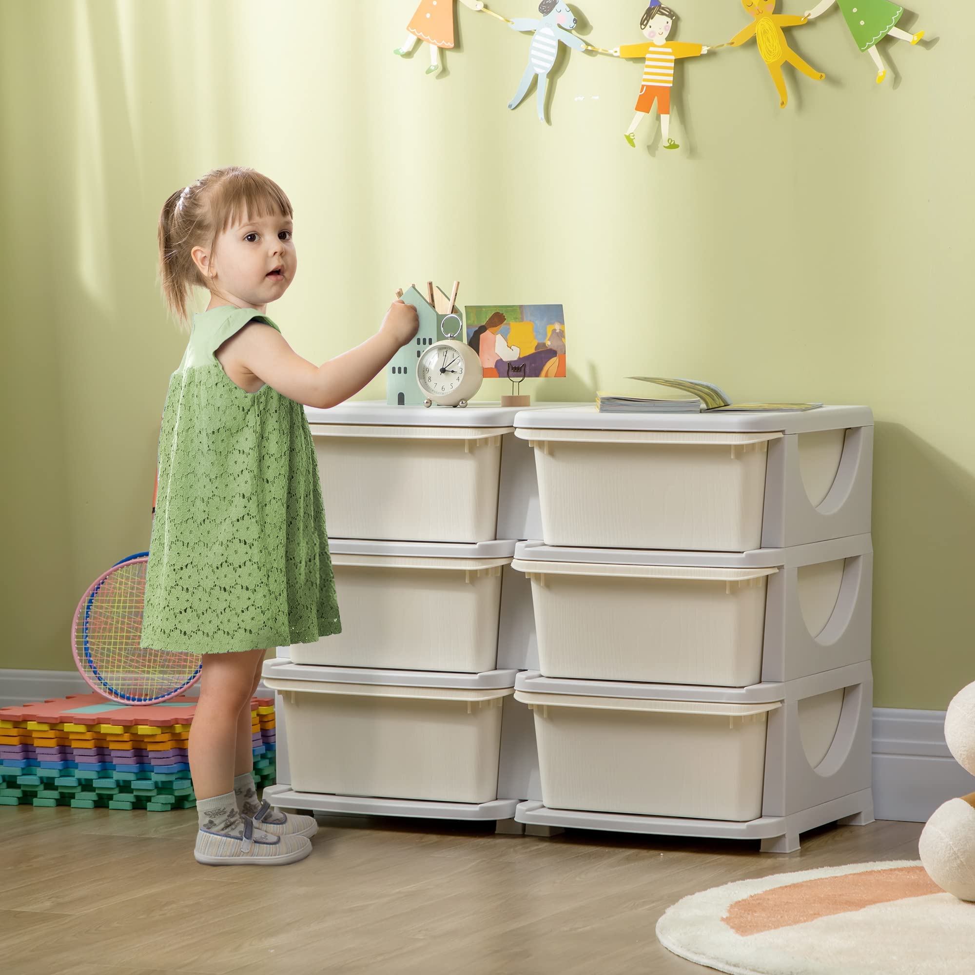 Qaba 3-Tier Kids Storage Unit with 6 Drawers - Toy Organizer with Plastic Bins for Nursery, Bedroom & Playroom - Space-Saving Kids Furniture for Boys & Girls (Cream) | Perfect for Organizing Toys, Books & Clothes in Toddler Rooms & Kindergarten Classrooms