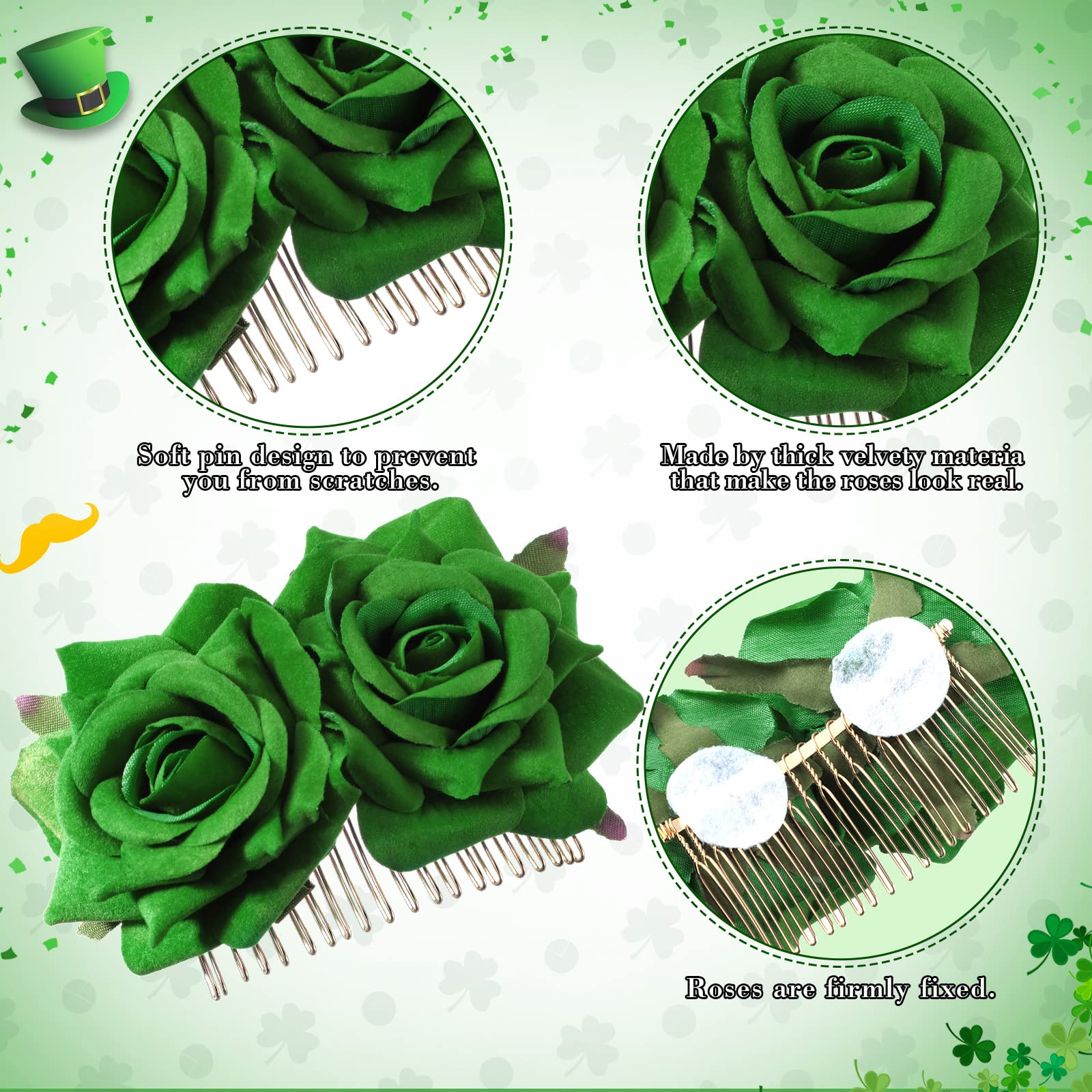 MTLEE 2 Pack Green Rose Flower Hair Clips - St. Patrick's Day Hair Accessories for Women & Girls, Irish Rose Hairpins, Shamrock Hair Comb for St. Paddy's Day Party, Wedding, Festival & Cosplay