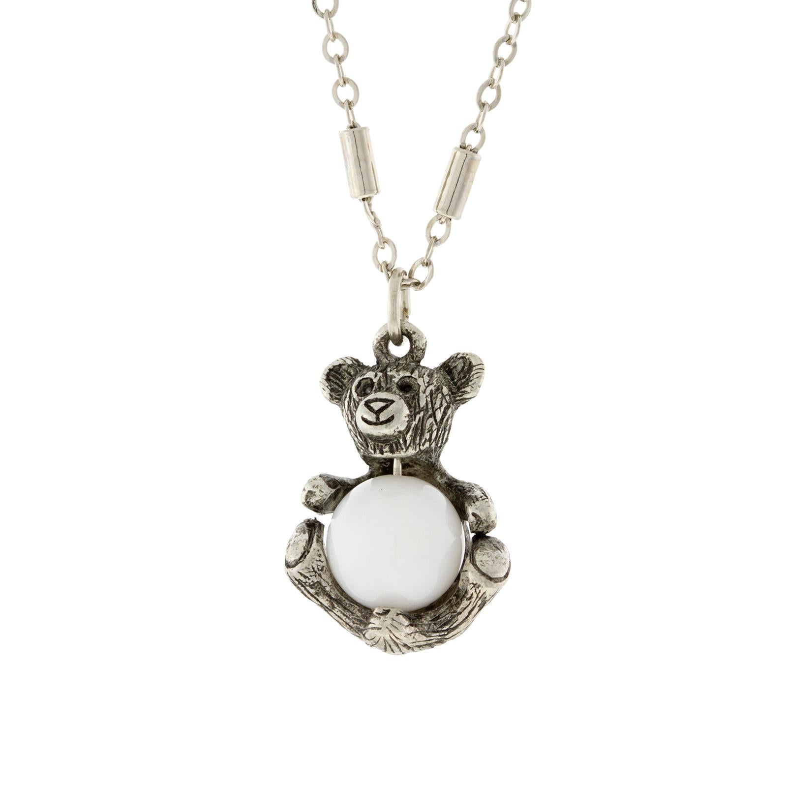 1928 Jewelry Pewter Round Gemstone Teddy Bear Pendant Necklace - 16