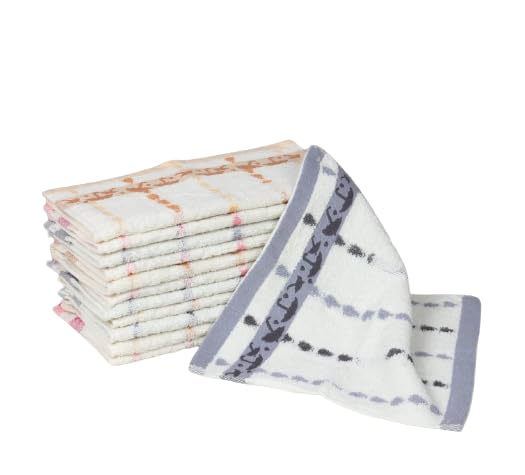 GRGRASP 10x10 Inch Terry Cotton Face Towel, Hygienic Washcloth with Check Design, Pack of 12 for Daily Skincare, Gym, and Travel