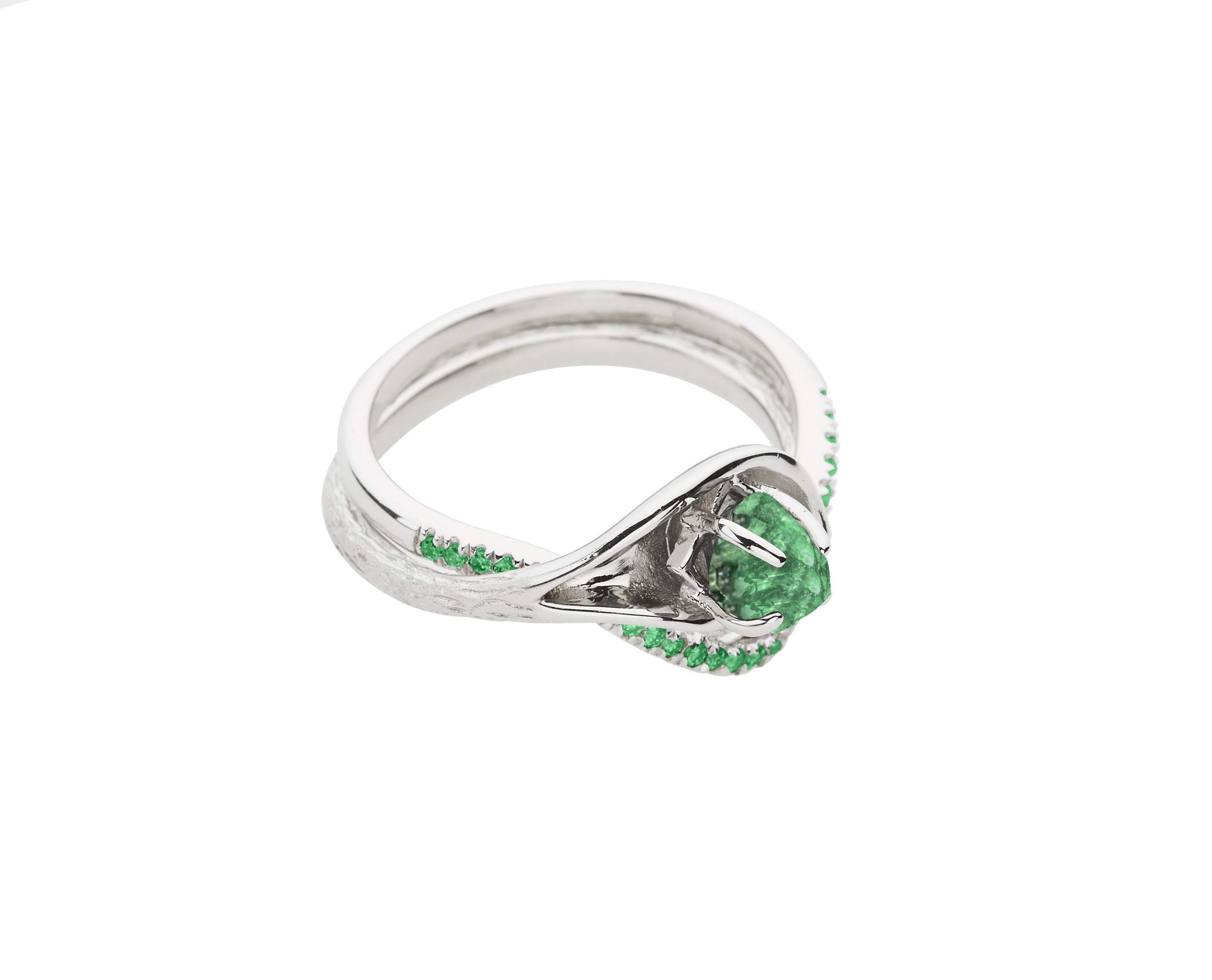 Majade 14K White Gold Raw Emerald Wedding Ring Set - Handmade Nature-Inspired Twig & Flower Design Bridal Ring Set for Engagement & Wedding - Perfect for Boho, Vintage, and Nature-Themed Ceremonies