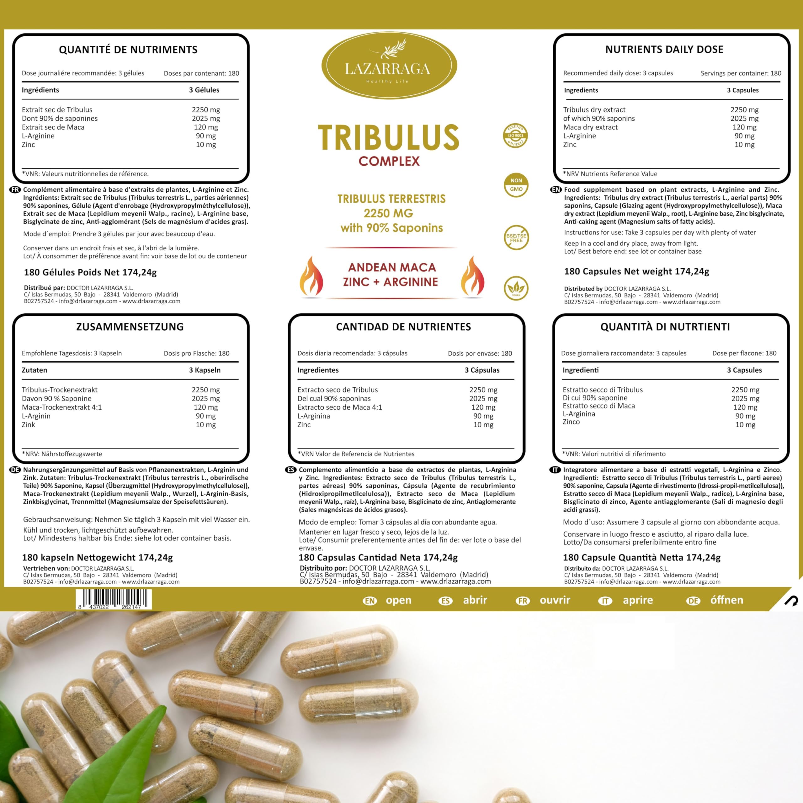Tribulus Terrestris 2250mg + Peruvian Maca + Arginine + Zinc | 180 Vegan Capsules for Men | Energy, Vitality & Performance Booster | Gym, Workout & Daily Wellness Supplement