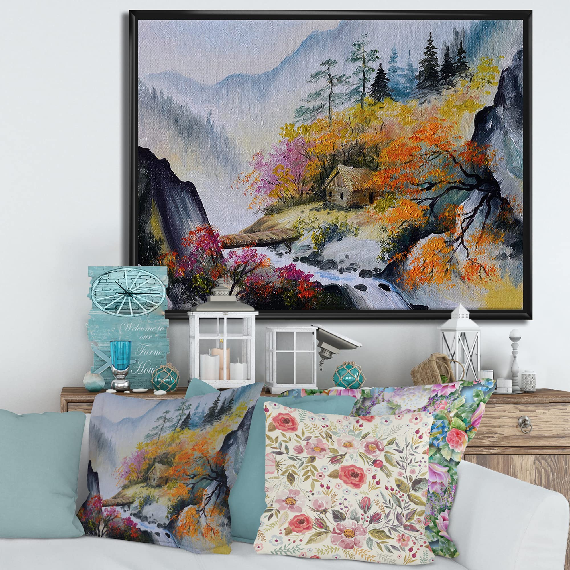DesignQ Little House in Vibrant Mountain Landscape - Traditional Framed Canvas Wall Art Print for Living Room, Bedroom & Office Decor | Nature Inspired Home Decorations