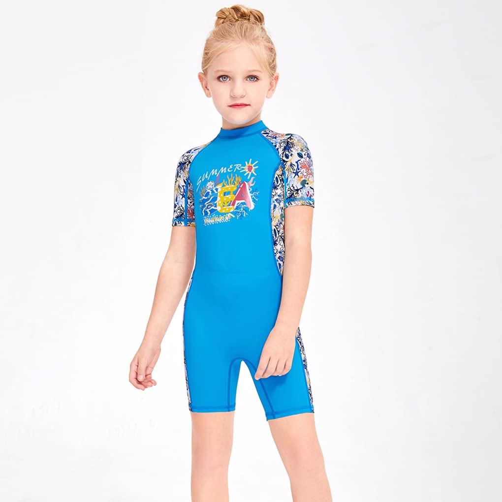 UV Protection Kids Short Sleeve Wetsuit for Girls - Blue Round Neck Diving Swimsuit, Size M - Perfect for Swimming, Snorkeling & Beach Activities